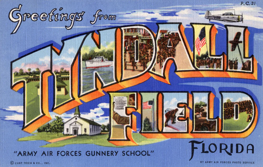A "Greetings from Tyndall Field" postcard from the Army Air Forces gunnery school.