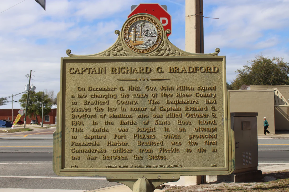 The state historical marker for Captain Richard G. Bradford in Starke, 2018.