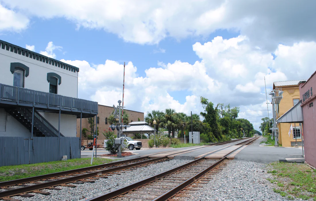 Railroad tracks through downtown Starke, the town that grew along the railroad, 2012.