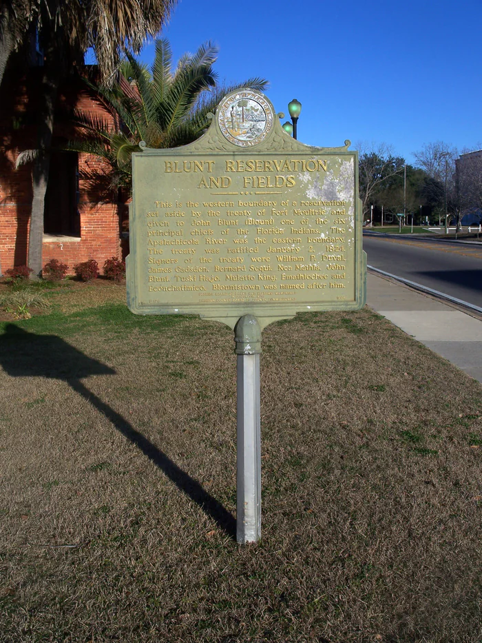 The Blunt Reservation and Fields marker in Blountstown, which tells of Chief John Blount's reservation.