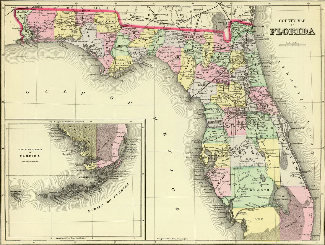 A county map of Florida from 1890 showing the new Citrus, Hernando and Pasco counties.