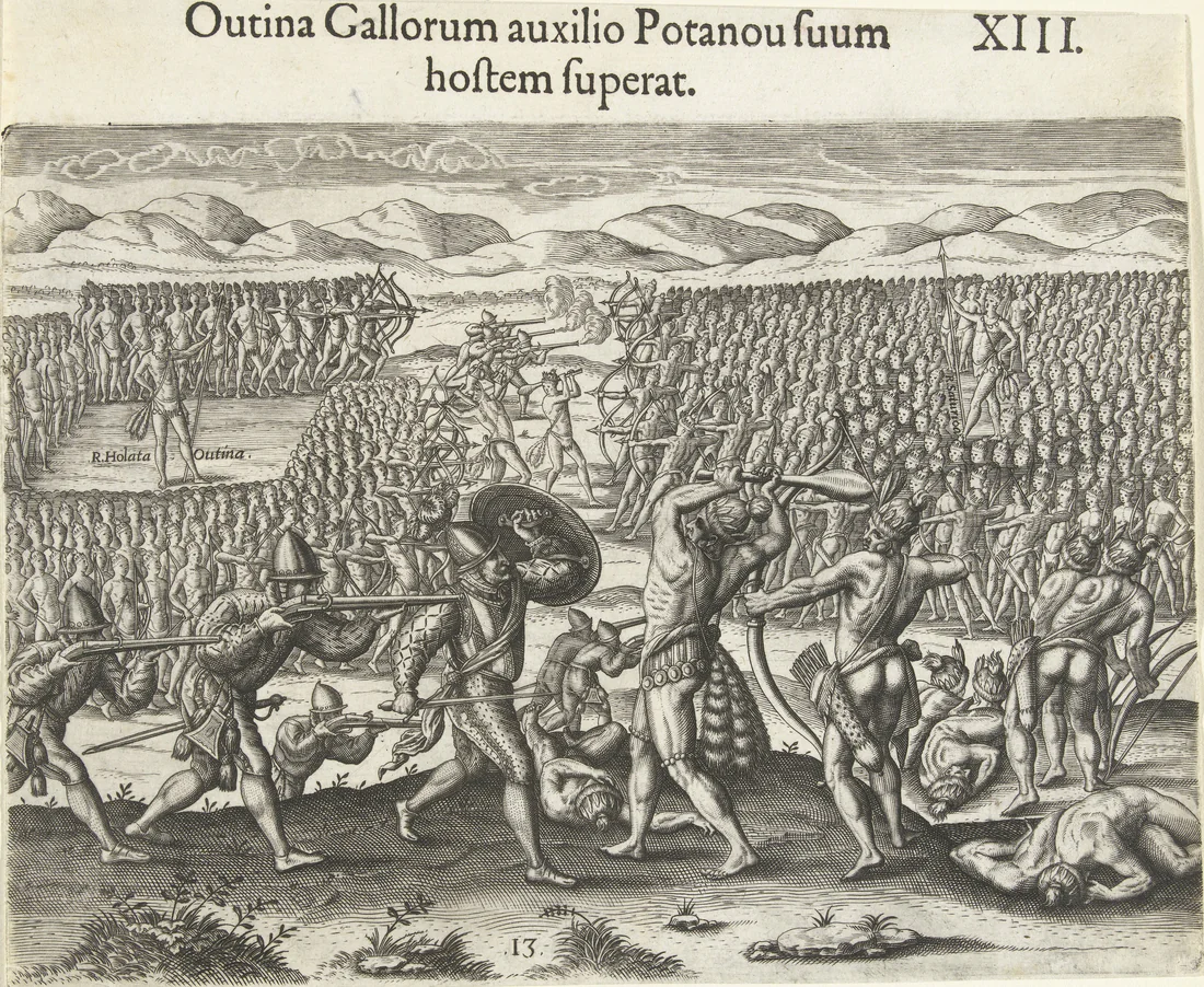 The Timucua leader Utina defeating the Potano with French help, in a 1591 engraving.