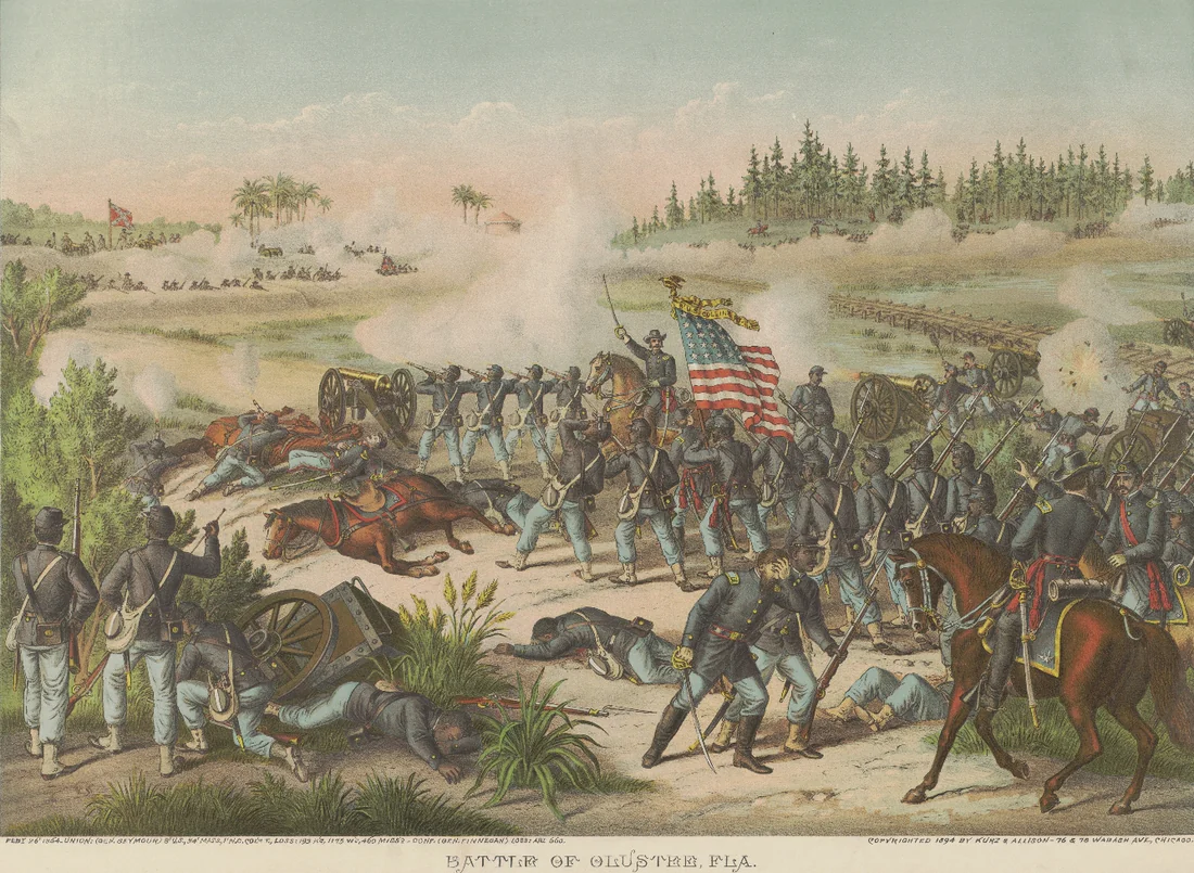 A lithograph of the 8th United States Colored Troops advancing at the Battle of Olustee in 1864.