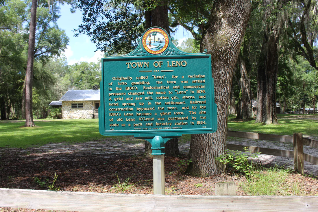 The state marker for the old town of Leno in O'Leno State Park, 2021.