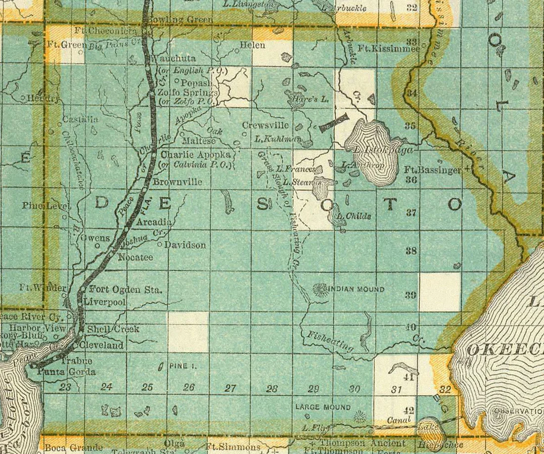 DeSoto County on an 1890 township map, with Arcadia, Pine Level, Nocatee and Fort Ogden.