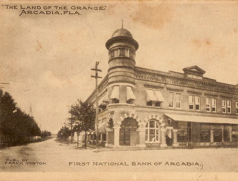 The First National Bank of Arcadia, which survived the 1905 fire, on a postcard mailed that year.