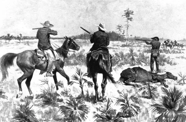 Fighting over a stolen herd, a Frederic Remington drawing for "Cracker Cowboys of Florida," 1895.