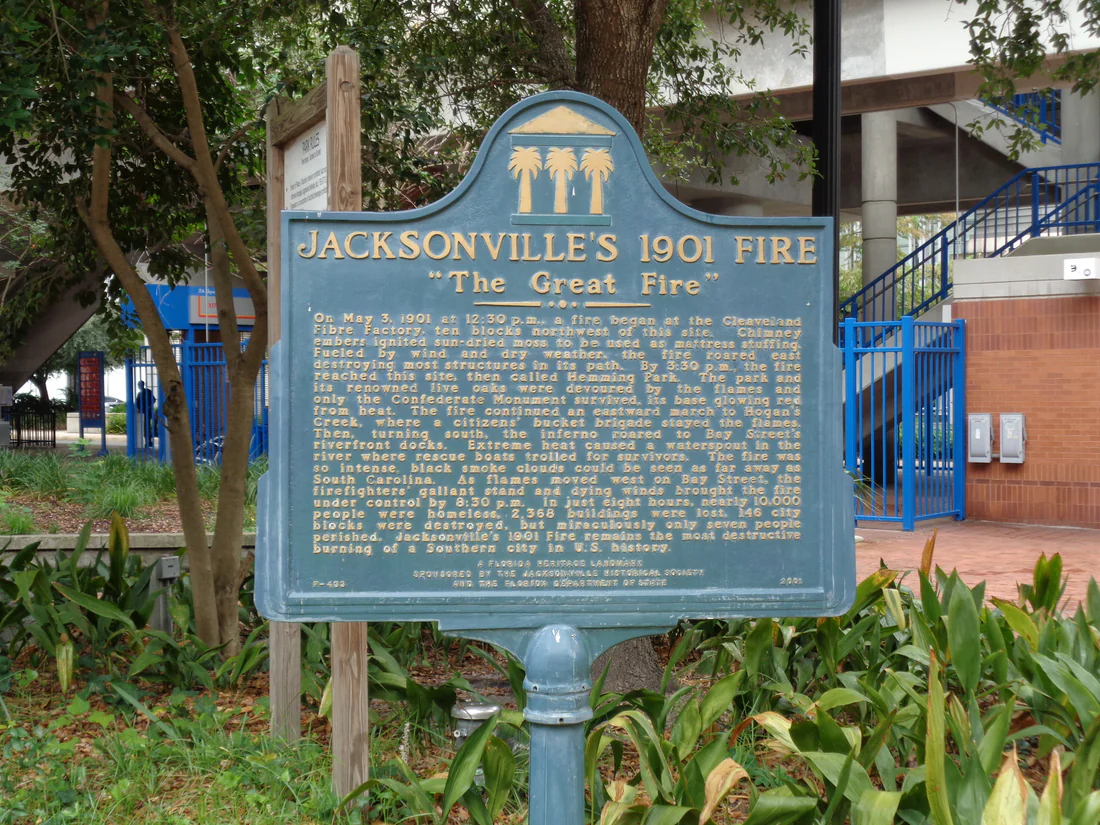 The state historical marker for Jacksonville's 1901 fire.