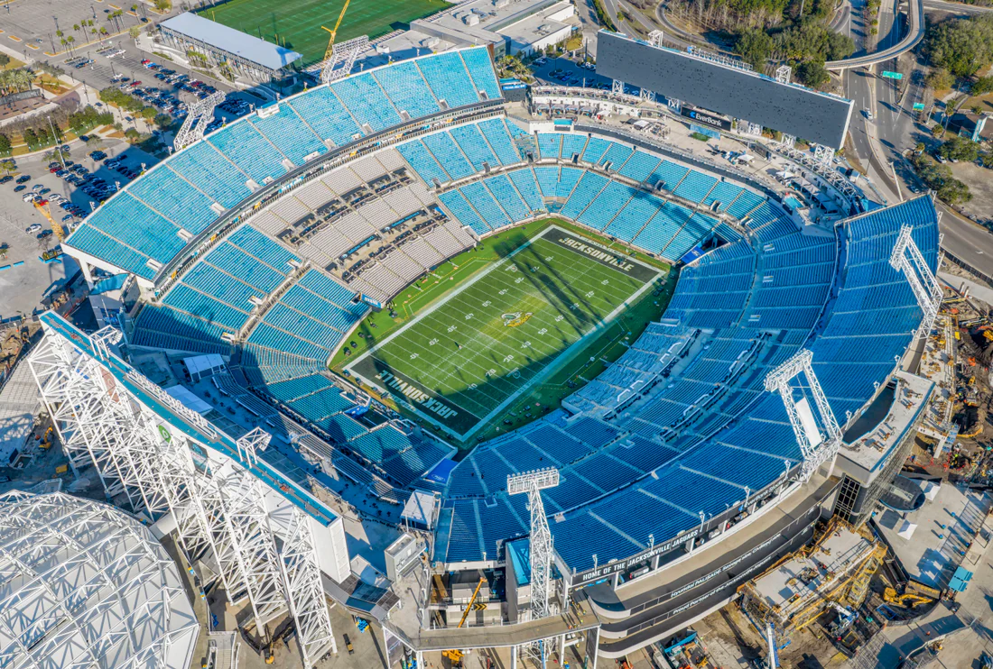 The Jaguars' stadium in Jacksonville, seen from the air in January 2026.