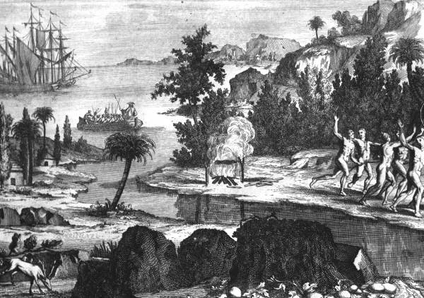 An old engraving of a Timucua village as Spanish ships arrive offshore.