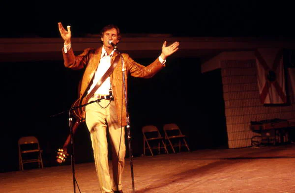 The folk singer Gamble Rogers on stage at the Florida Folk Festival, 1985.