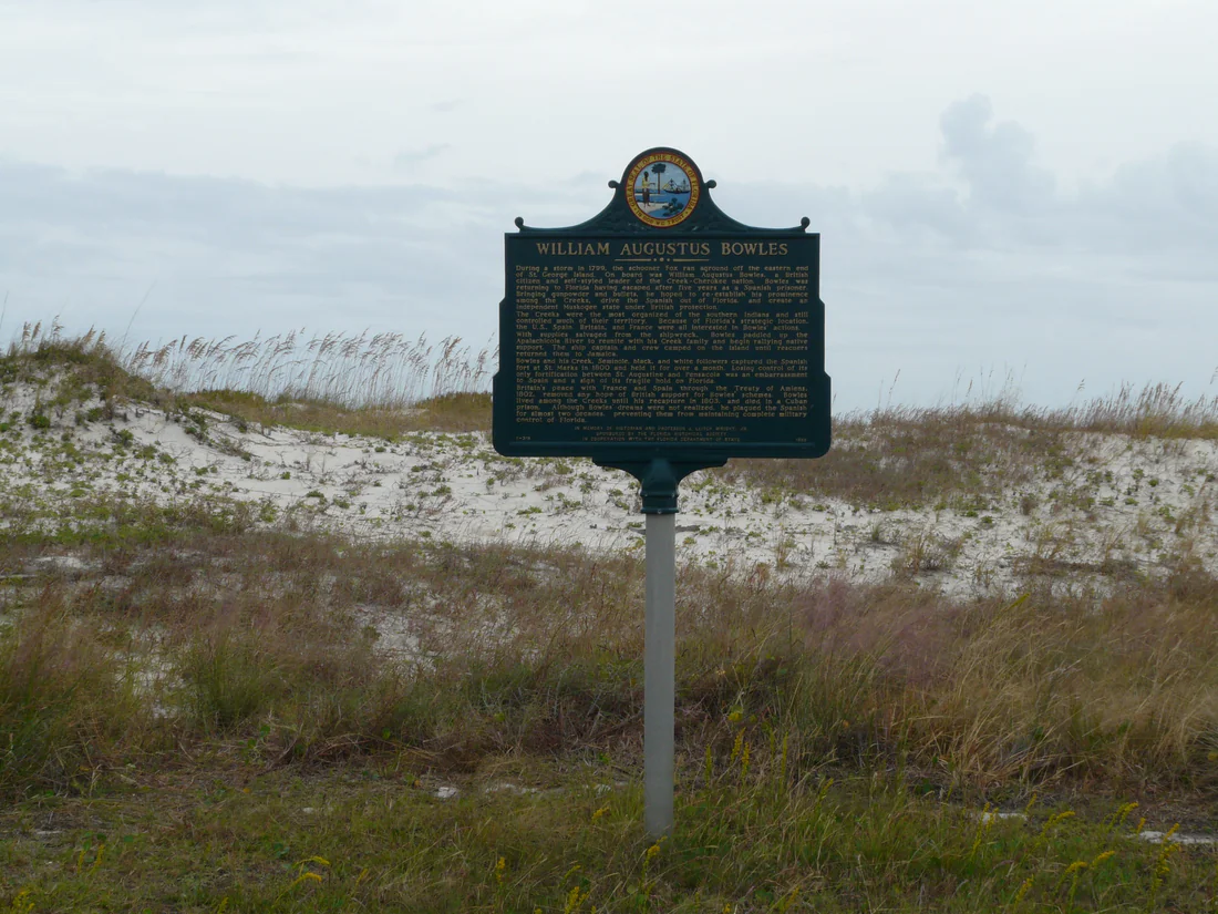 A historical marker for William Augustus Bowles at St. George Island State Park, 2025.