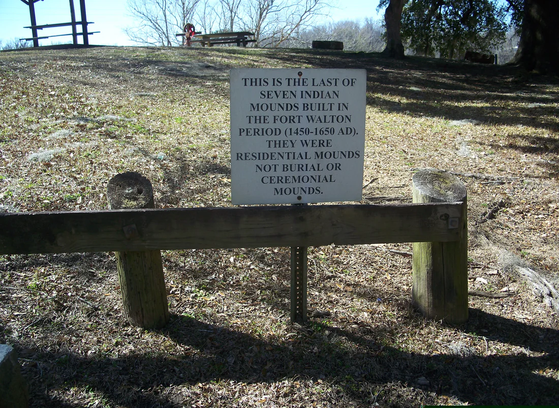 A sign on an Indian mound beside the Apalachicola River at Chattahoochee, 2011.