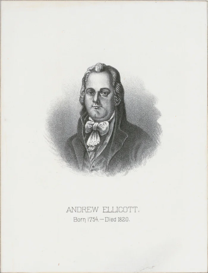 An engraved portrait of Andrew Ellicott, who came by schooner in 1799 to survey the border.