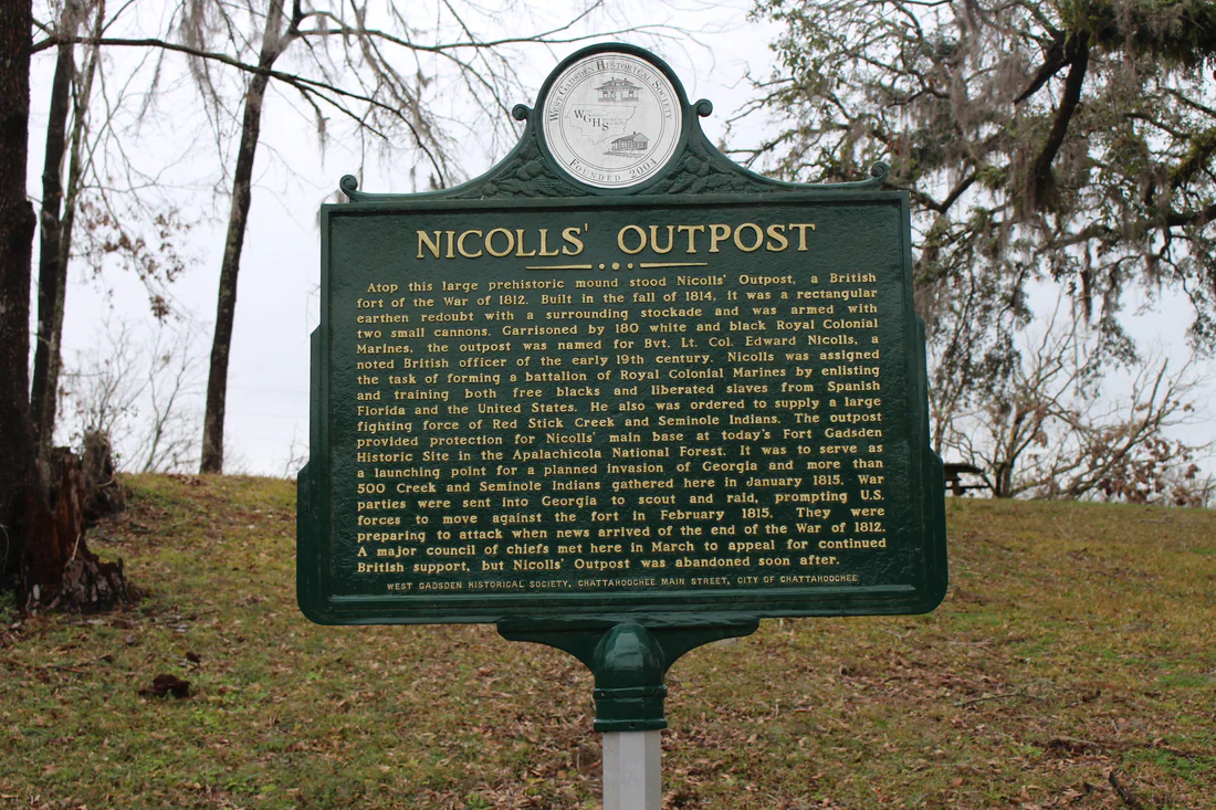 The Nicolls' Outpost marker at Chattahoochee, where the British built an earthen fort in 1814.