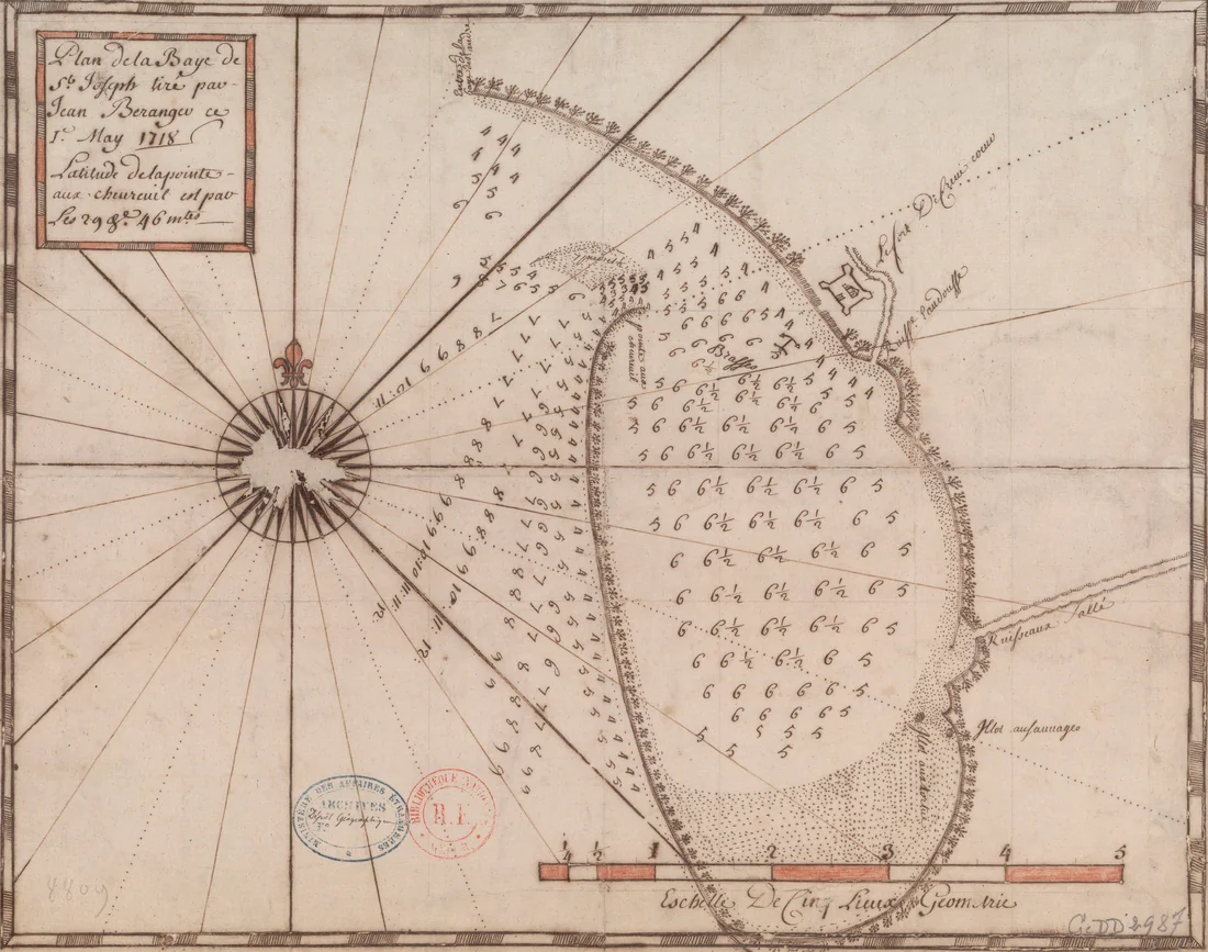 A French plan of St. Joseph Bay drawn by Jean Beranger on May 1, 1718.