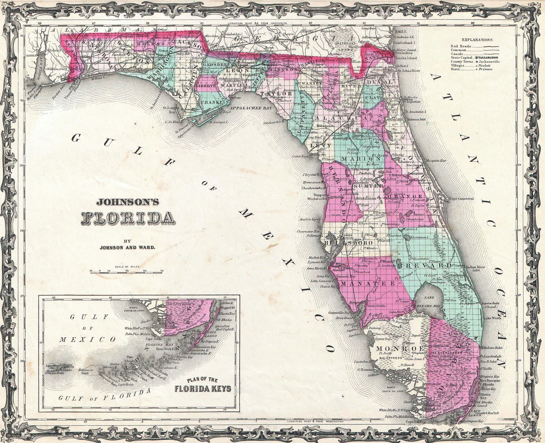 A. J. Johnson's map of Florida from 1862, early in the Civil War.