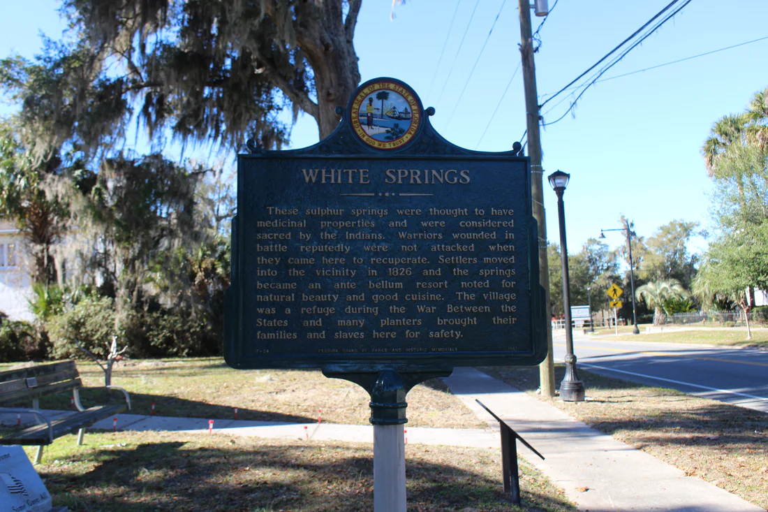 The state historical marker for White Springs, 2023.