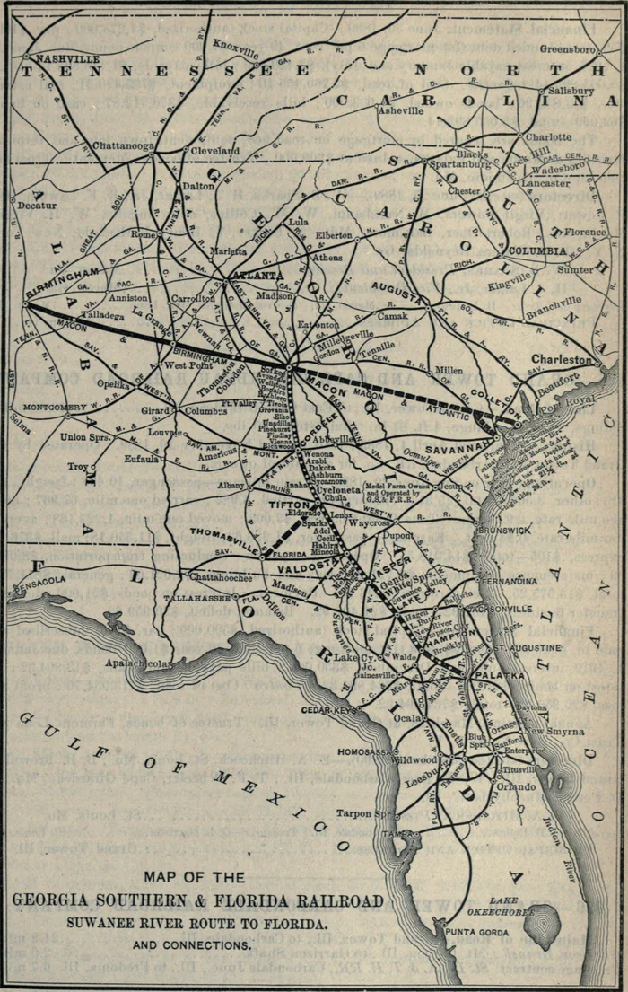An 1891 map of the Georgia Southern and Florida Railroad from Poor's railroad manual.
