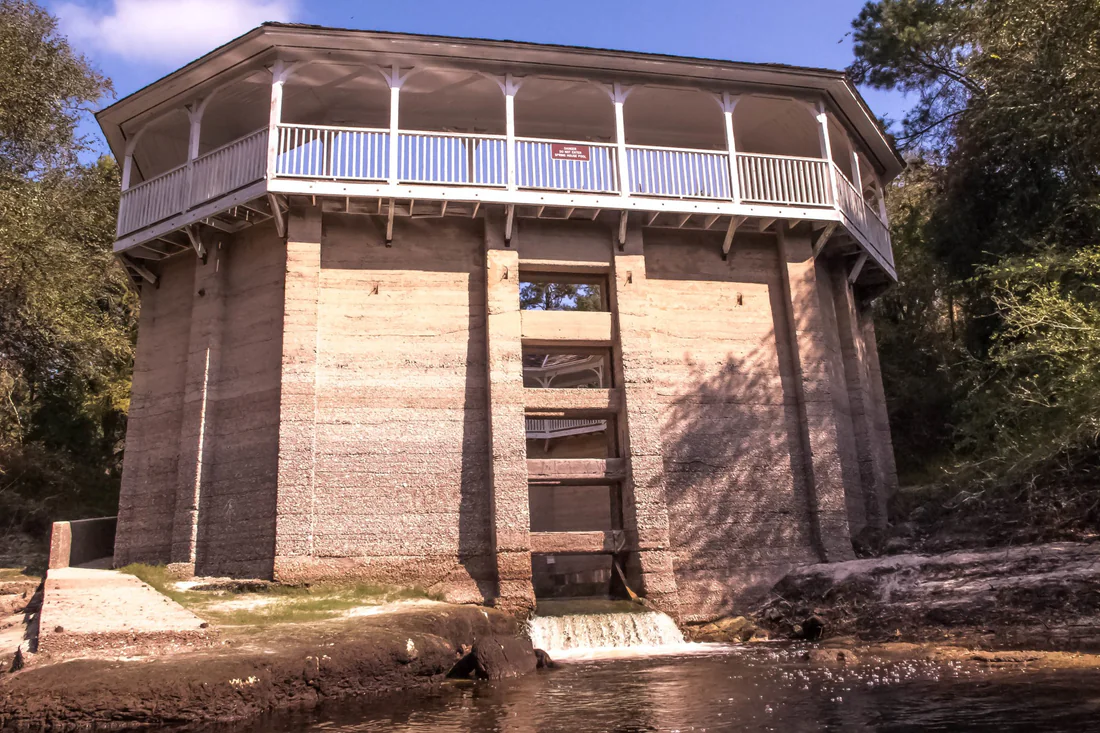 The old spring house at White Springs, rebuilt around 1900 with coquina shells mixed into cement.