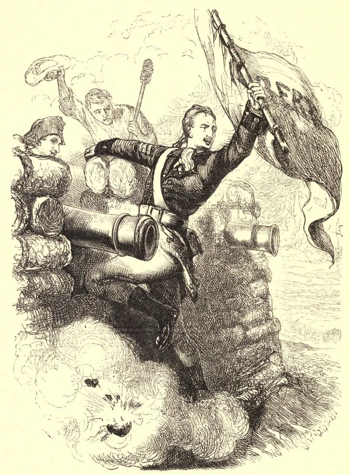 Sergeant William Jasper saves the flag at Sullivan's Island in 1776, in an engraving from about 1874.