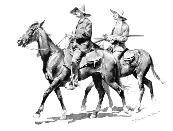 Two Florida cowboys on horseback, drawn by Frederic Remington for an 1895 magazine article.
