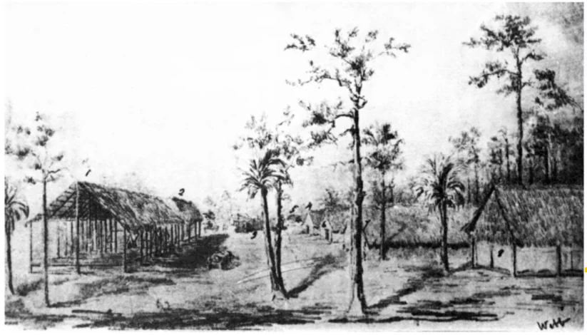 Fort Denaud on the Caloosahatchee, sketched by Alexander Webb early in 1856.