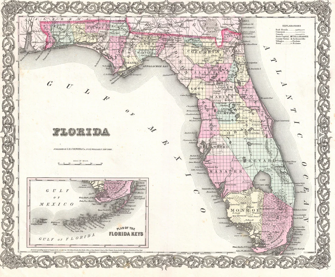 J. H. Colton's 1855 map of Florida, made seven years after Holmes County was formed.