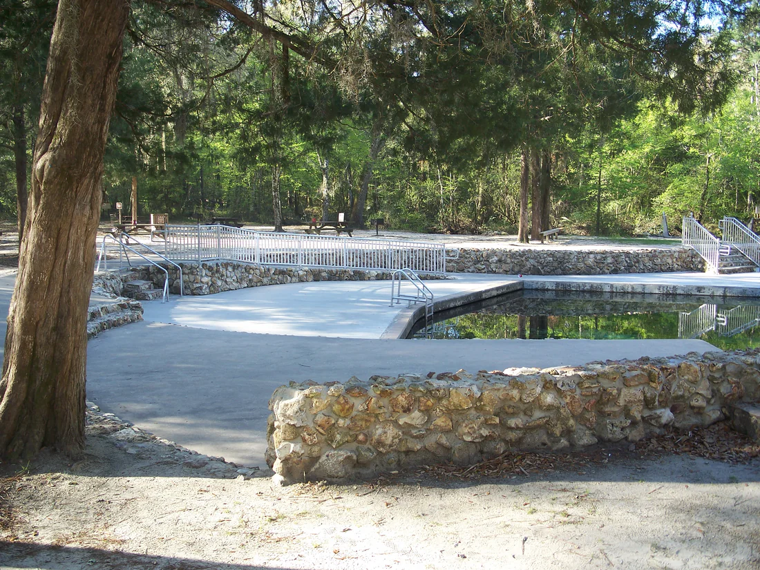 The stone wall and swimming area around the spring at Ponce de Leon Springs, 2008.