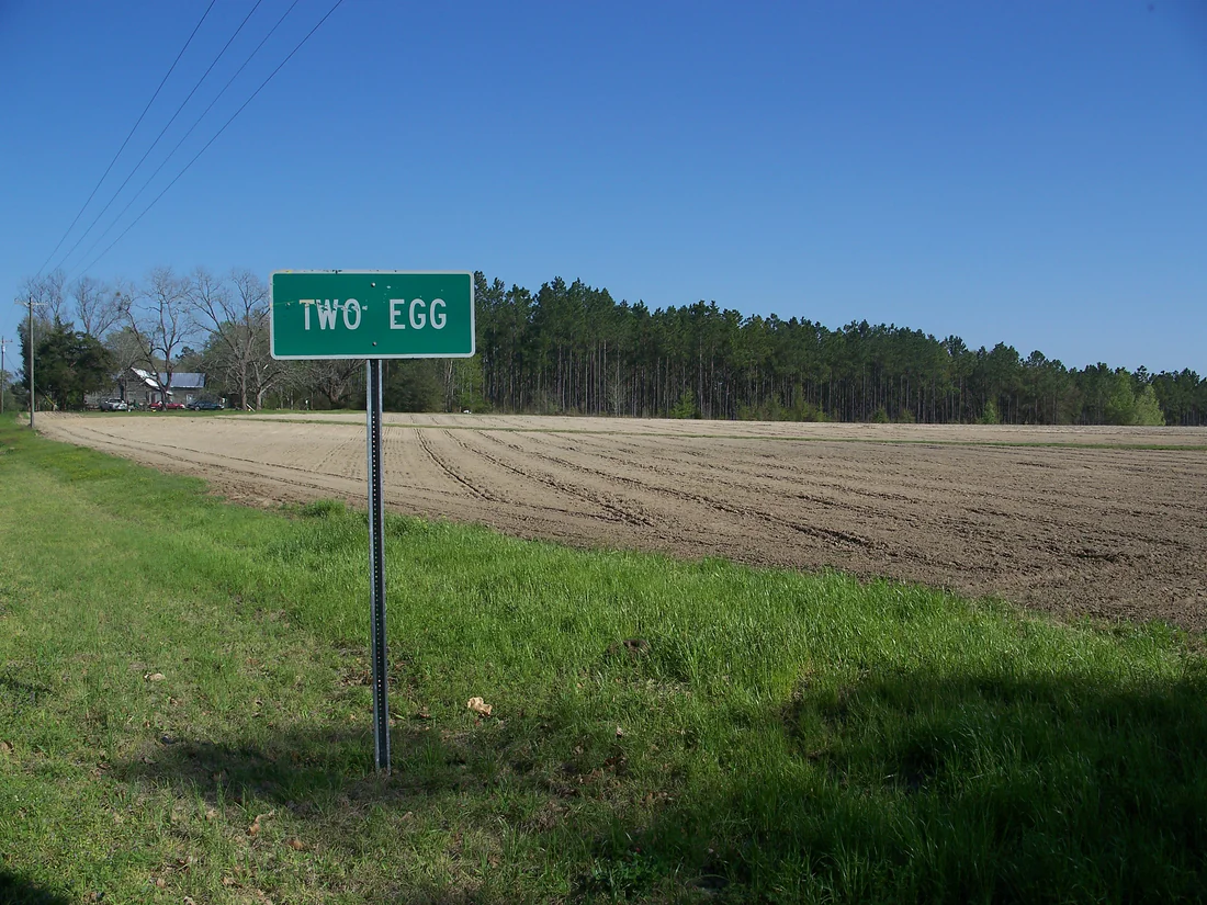 The Two Egg town limit sign beside a field along State Road 69, 2008.