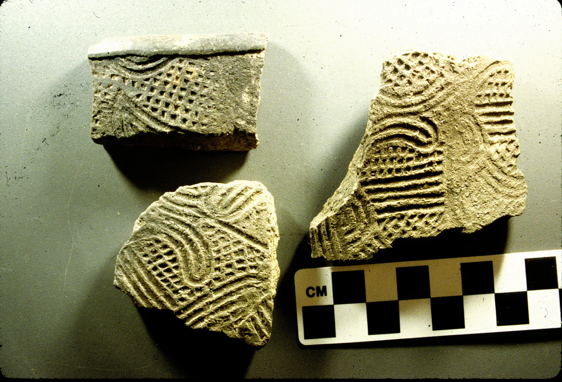 Three stamped pottery sherds of the Swift Creek kind, from the Woodland period.