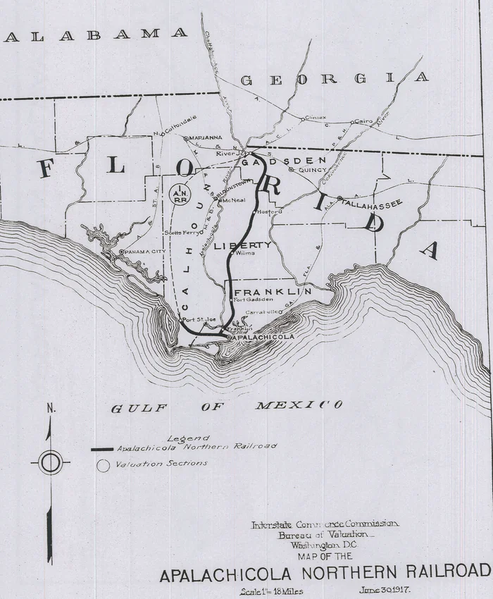 A government map of the Apalachicola Northern Railroad through Liberty County, made between 1915 and 1920.