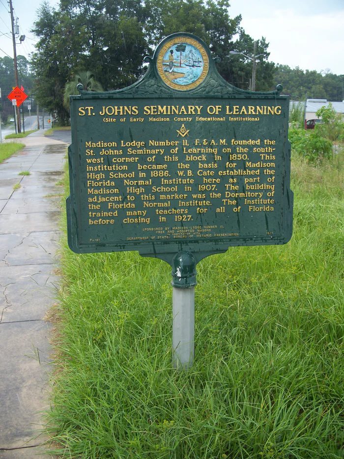 The marker for the St. Johns Seminary of Learning, started in Madison in 1850.