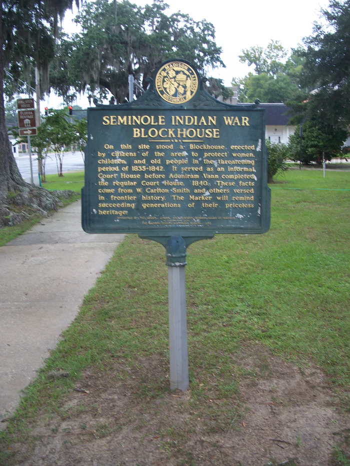 The marker for the blockhouse built at Madison before the town was founded in 1838.