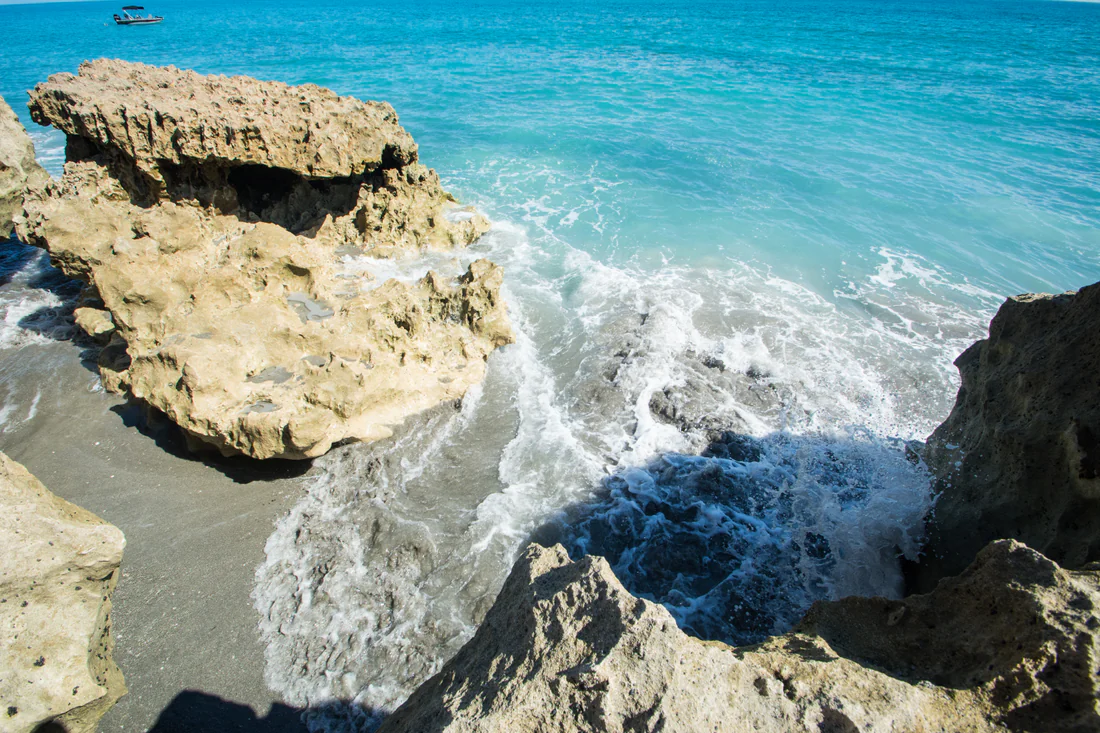 Surf at Blowing Rocks on Jupiter Island, off which the ship Reformation was wrecked in 1696.