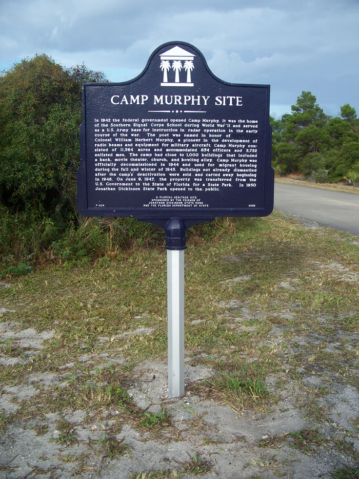 A historical marker about Camp Murphy, the wartime Army radar school, in Jonathan Dickinson State Park.