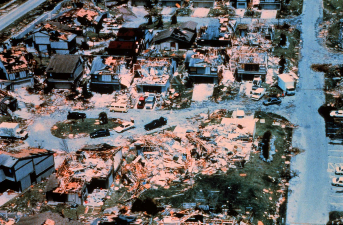 Damage from Hurricane Andrew at Cutler Bay, south of Miami, 1992. NOAA.