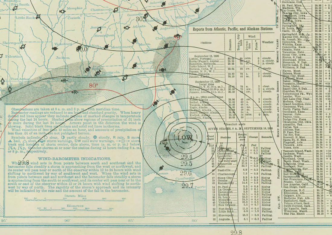 The weather map for September 18, 1926, the day the hurricane came ashore near Miami. NOAA.