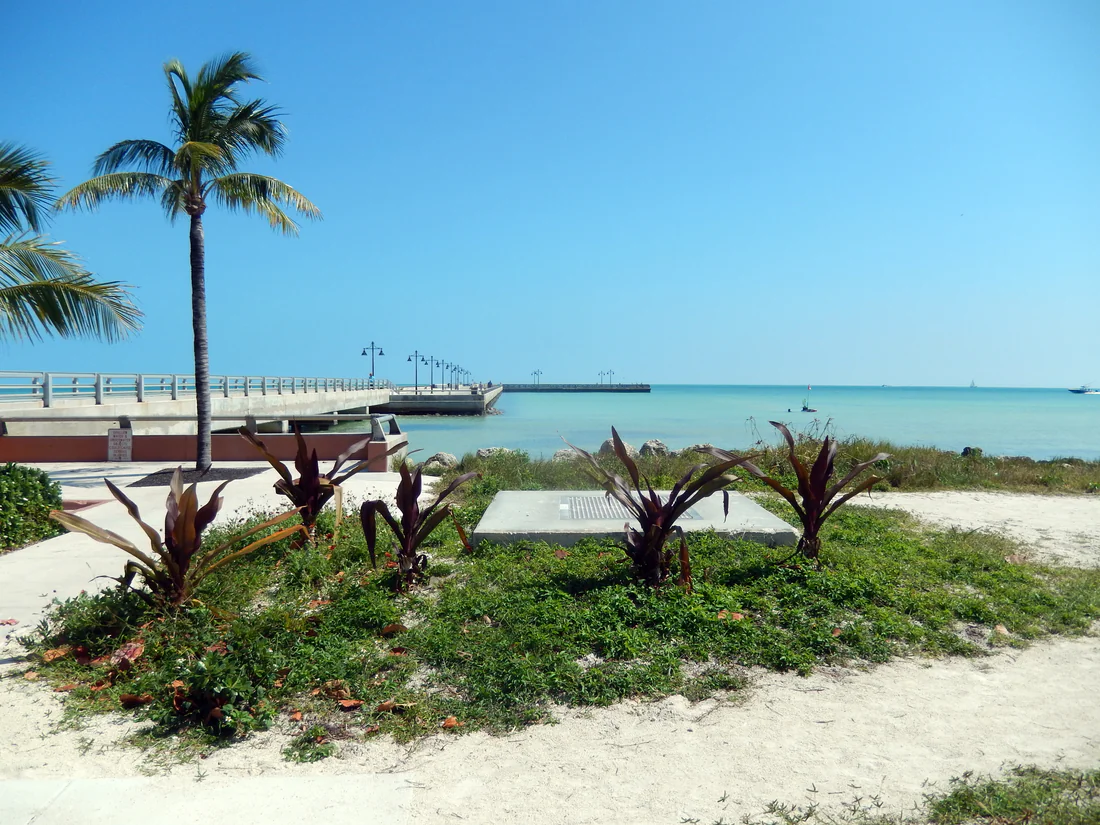 Sand, palms and the pier at Higgs Beach in Key West.