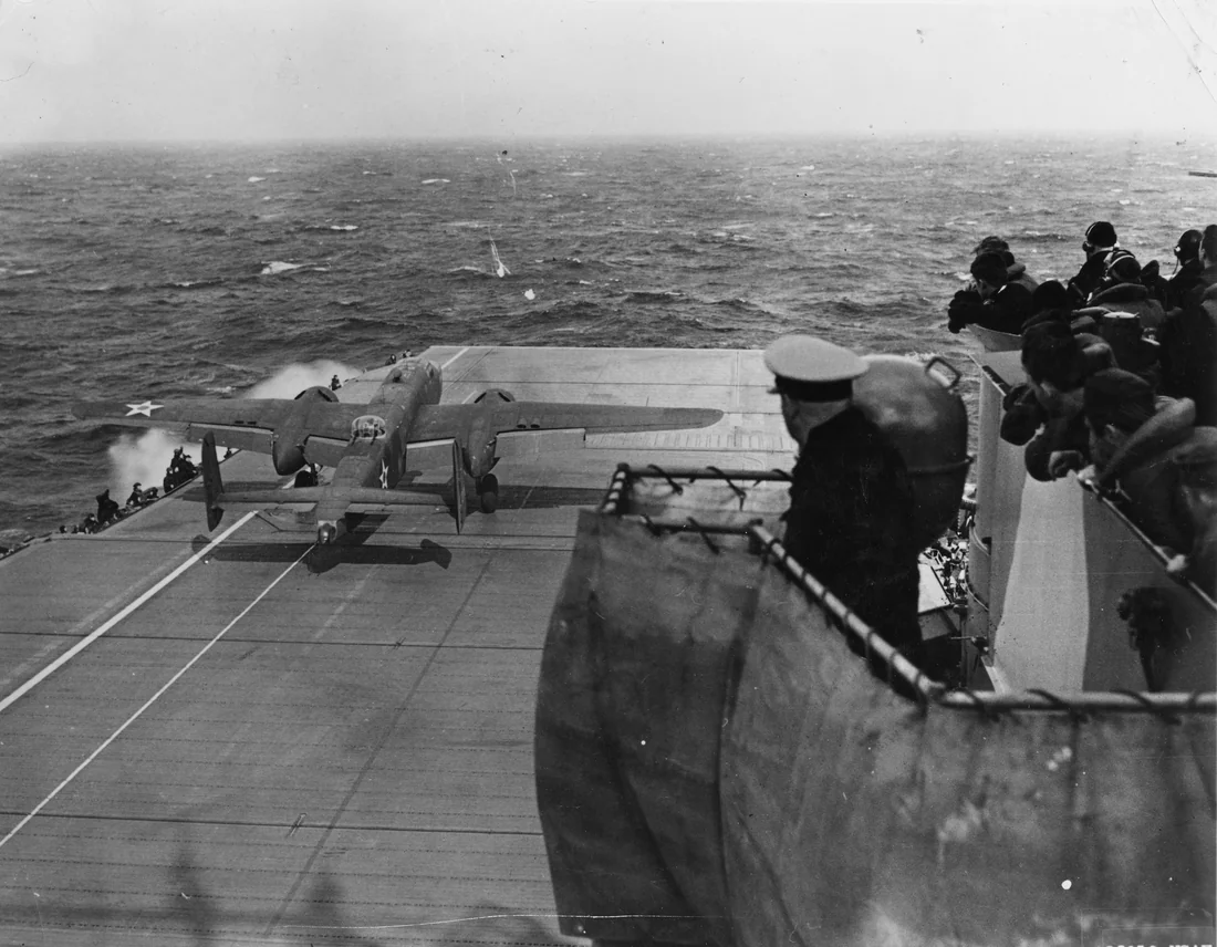 A B-25 bomber takes off from the carrier Hornet for the Doolittle Raid, April 18, 1942.