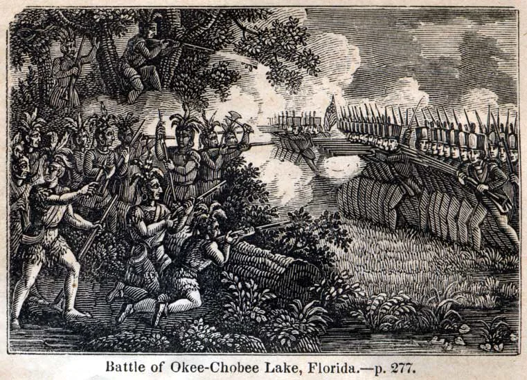 An 1847 engraving of the Battle of Okeechobee, fought on Christmas Day, 1837.