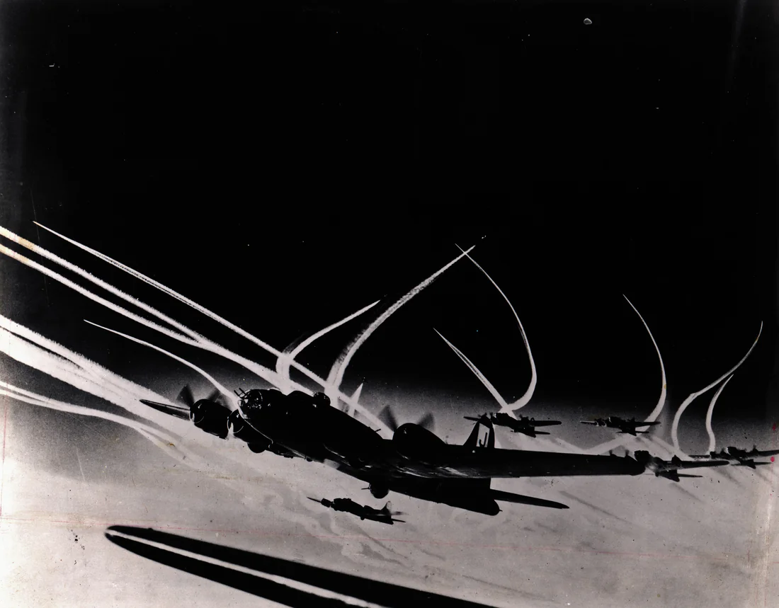 B-17 Flying Fortress bombers in flight in 1943, like those whose crews trained on the Kissimmee Prairie.