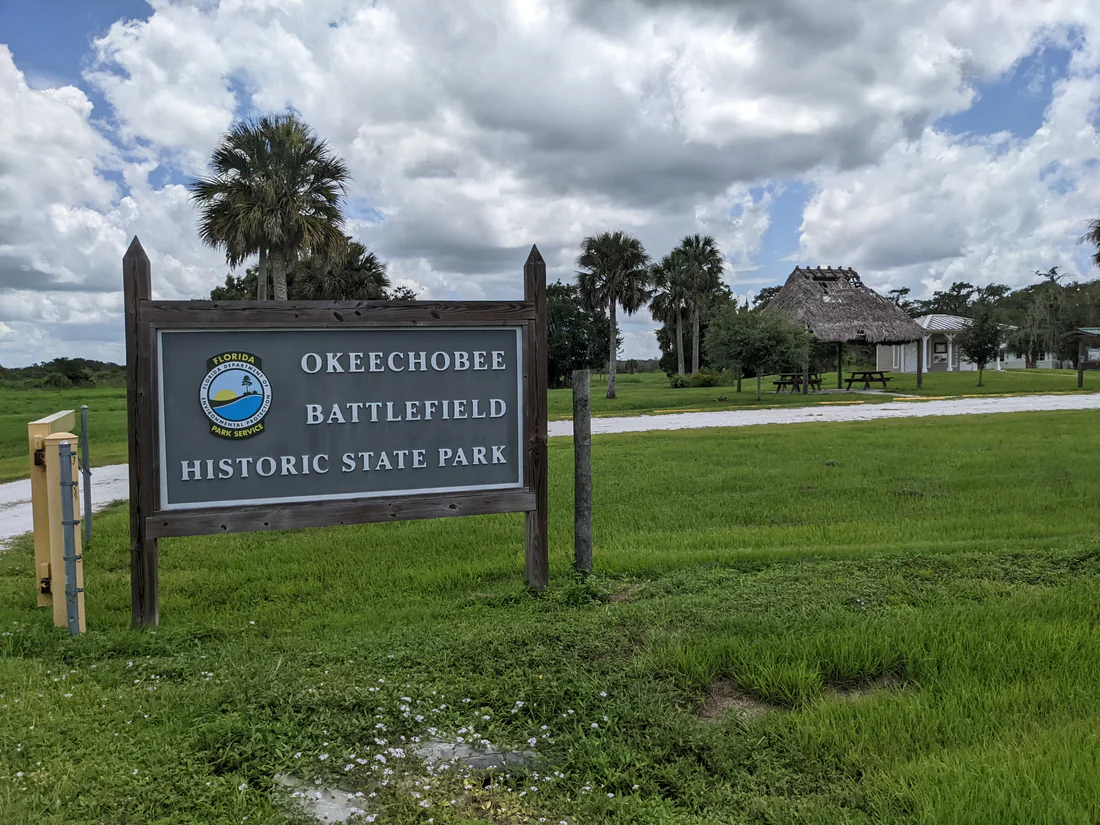 The entrance sign at Okeechobee Battlefield Historic State Park, 2022.