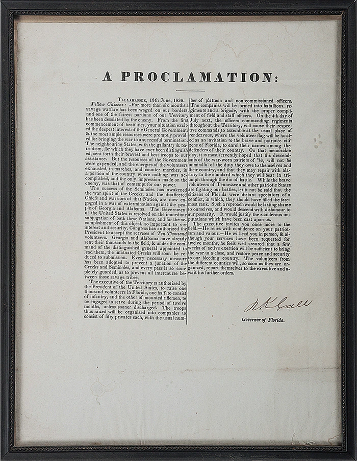 A printed notice signed by territorial Governor Richard K. Call during the Second Seminole War, June 18, 1836.