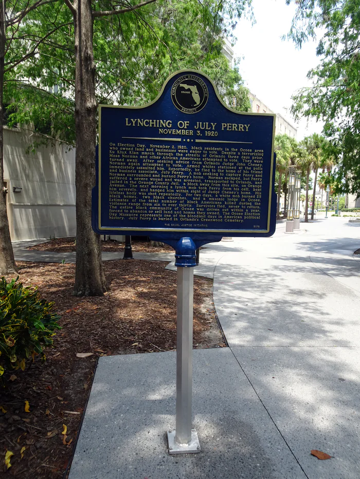 A historical marker about Election Day 1920 in Ocoee, placed in 2019 outside the Orange County Regional History Center in Orlando.