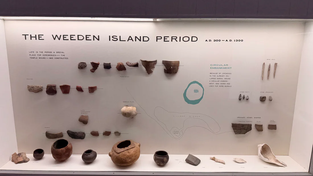 Weeden Island artifacts on display at the Crystal River Archaeological State Park museum, 2026.
