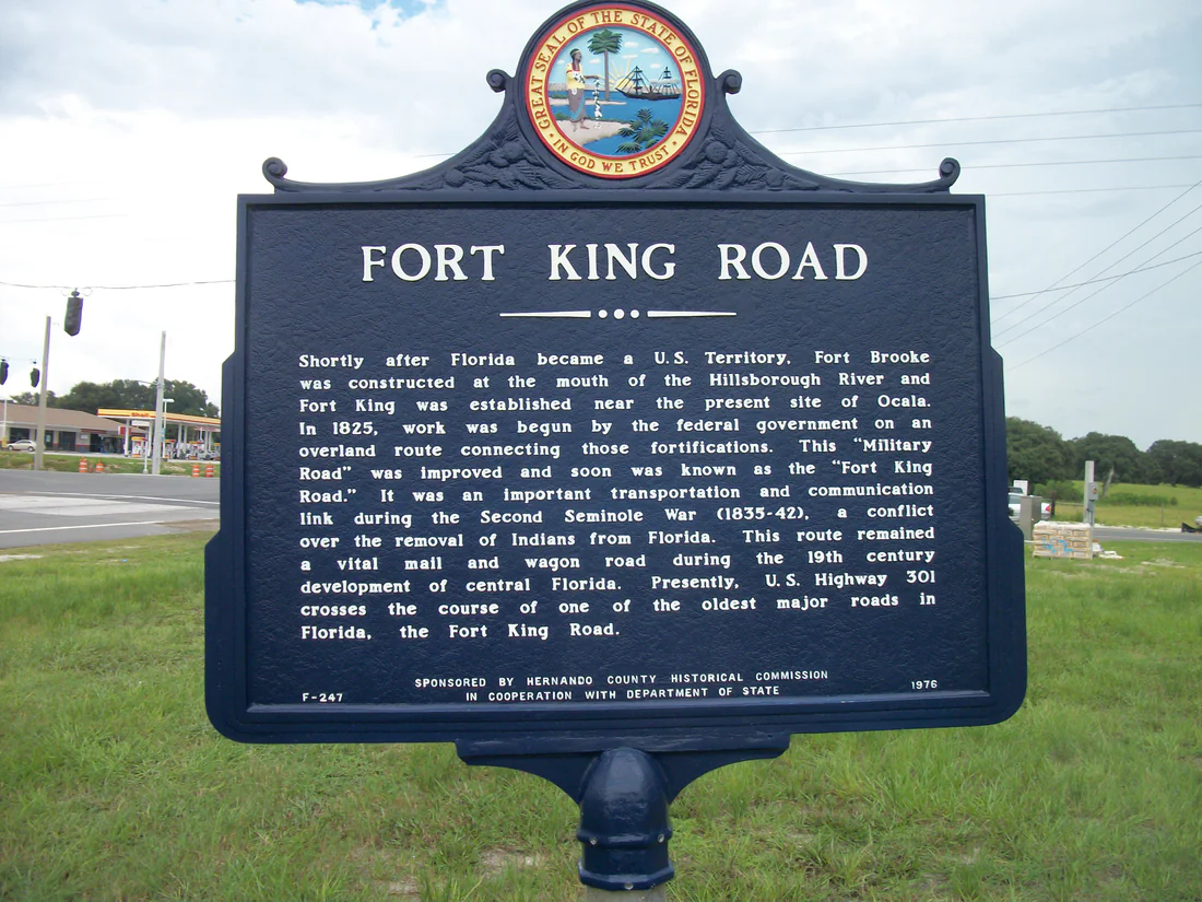 A state historical marker about the Fort King Road, at U.S. 301 and State Road 50 in Ridge Manor.