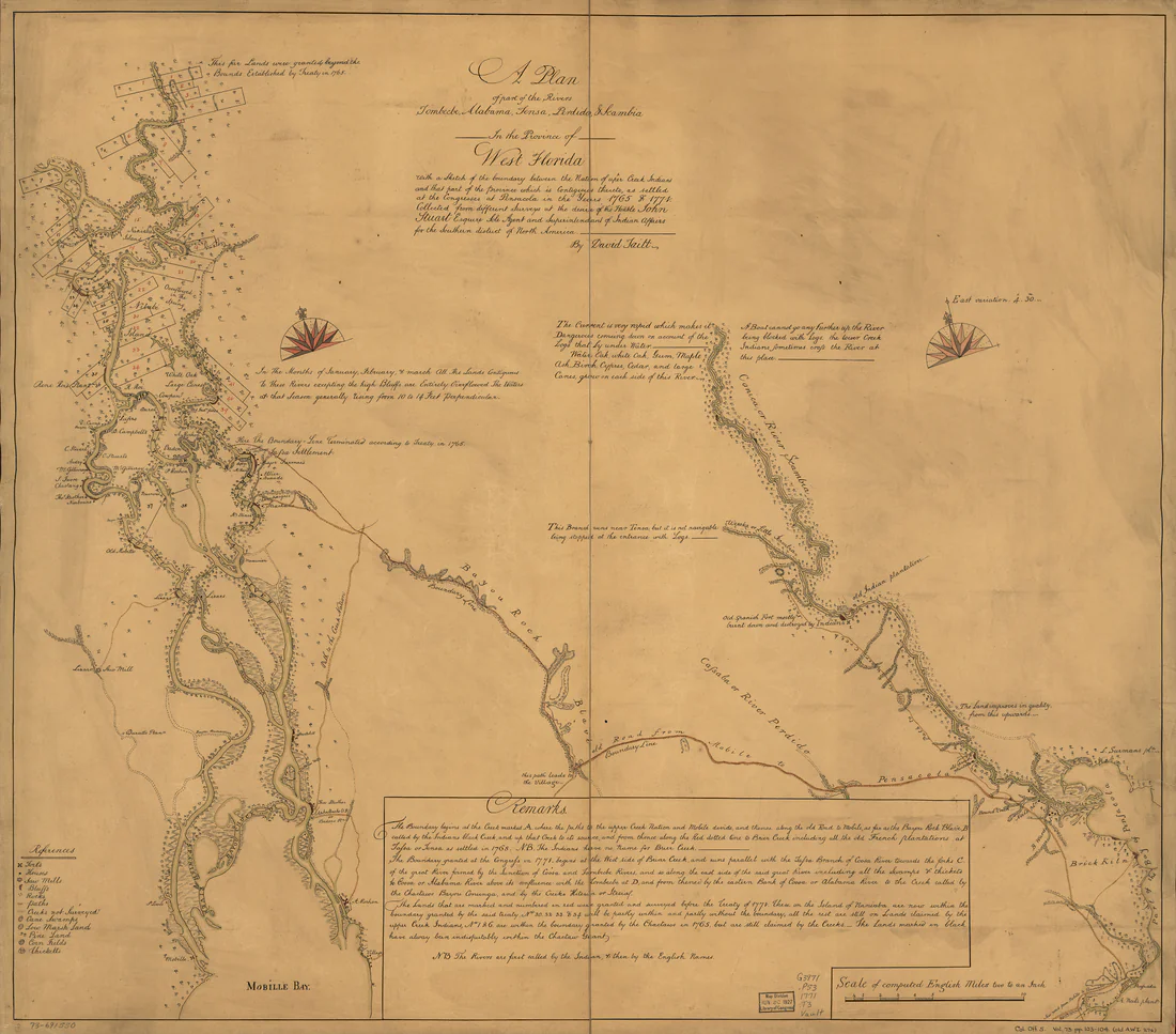 A British plan of the rivers of West Florida and the Creek boundary, made by David Taitt in 1771.