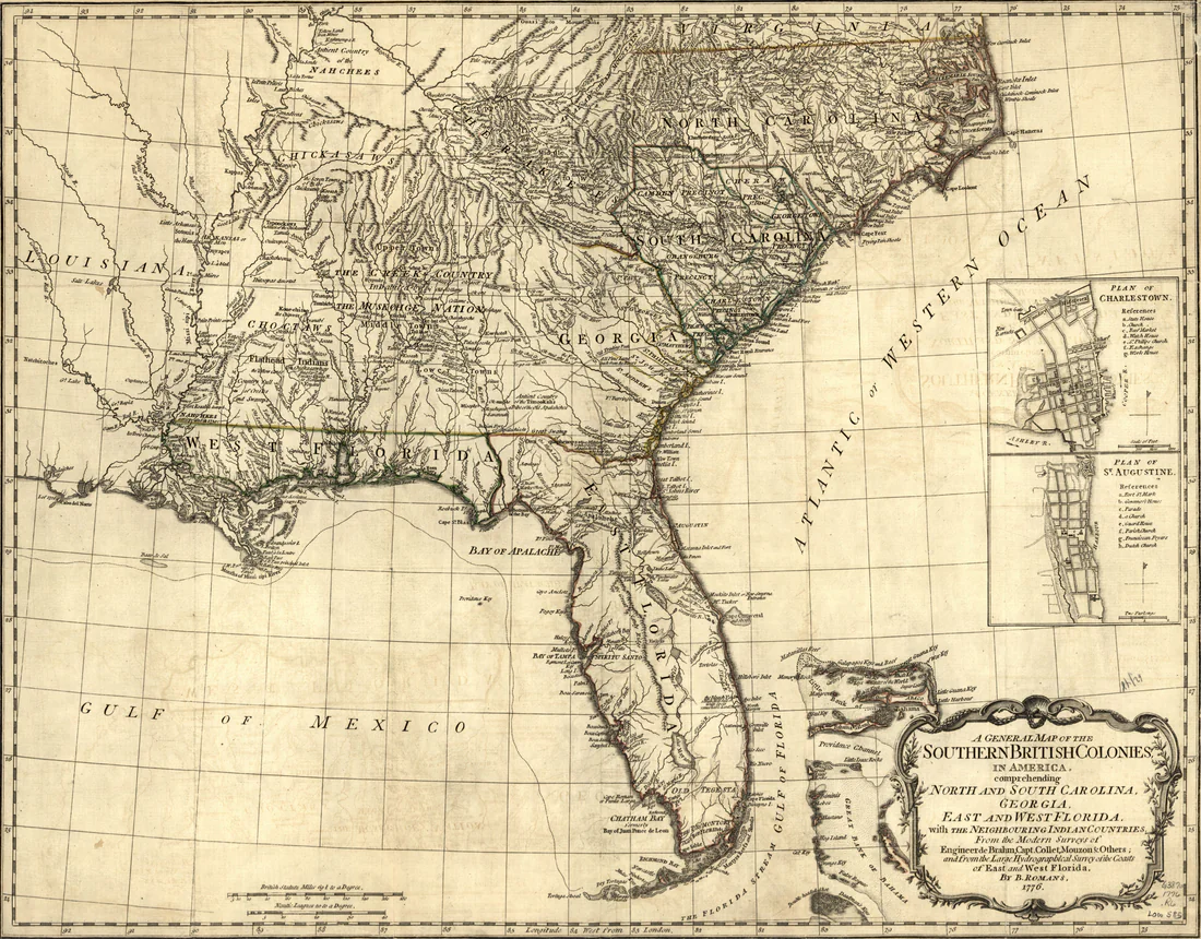 A general map of the southern British colonies in America, with East and West Florida, from the Library of Congress.