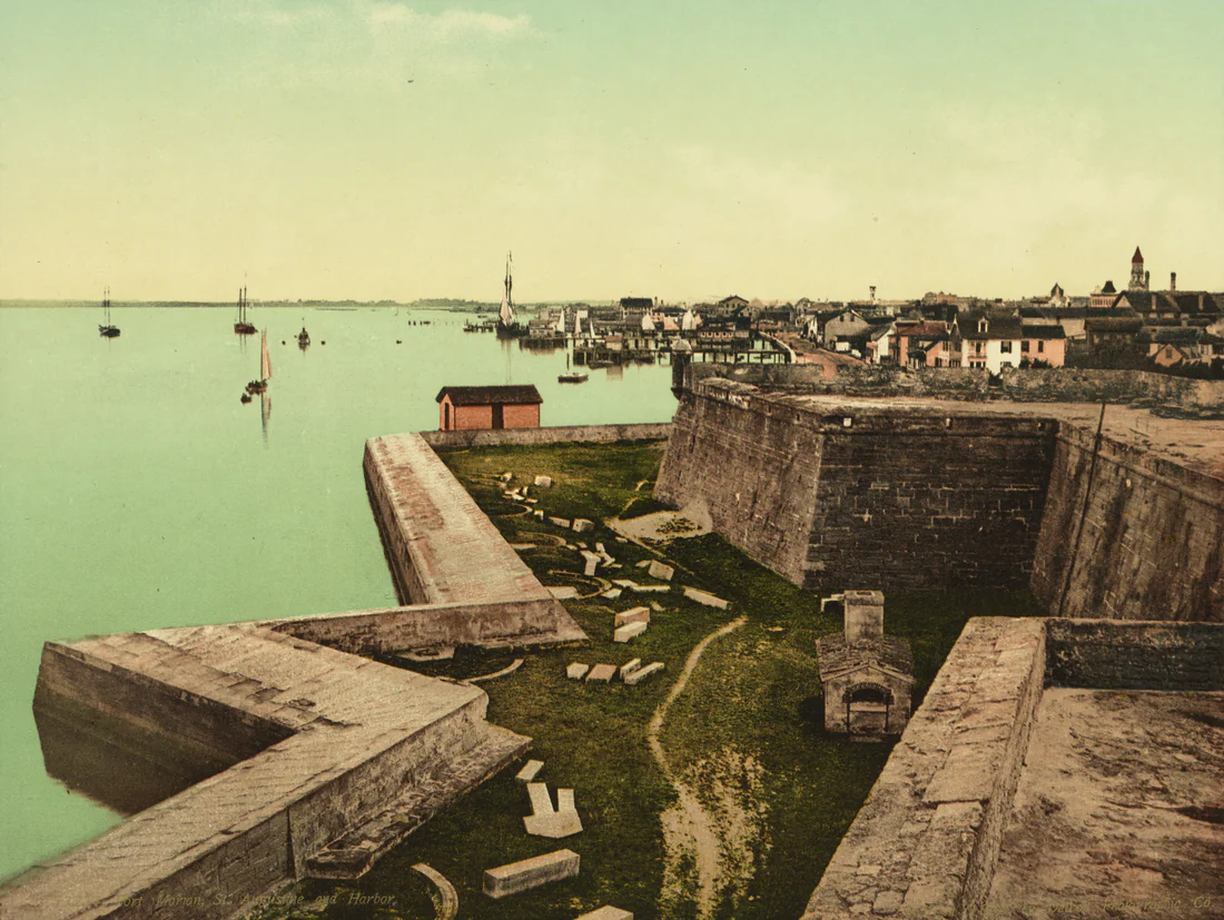 Fort Marion and the harbor at St. Augustine, in a color print from 1898.